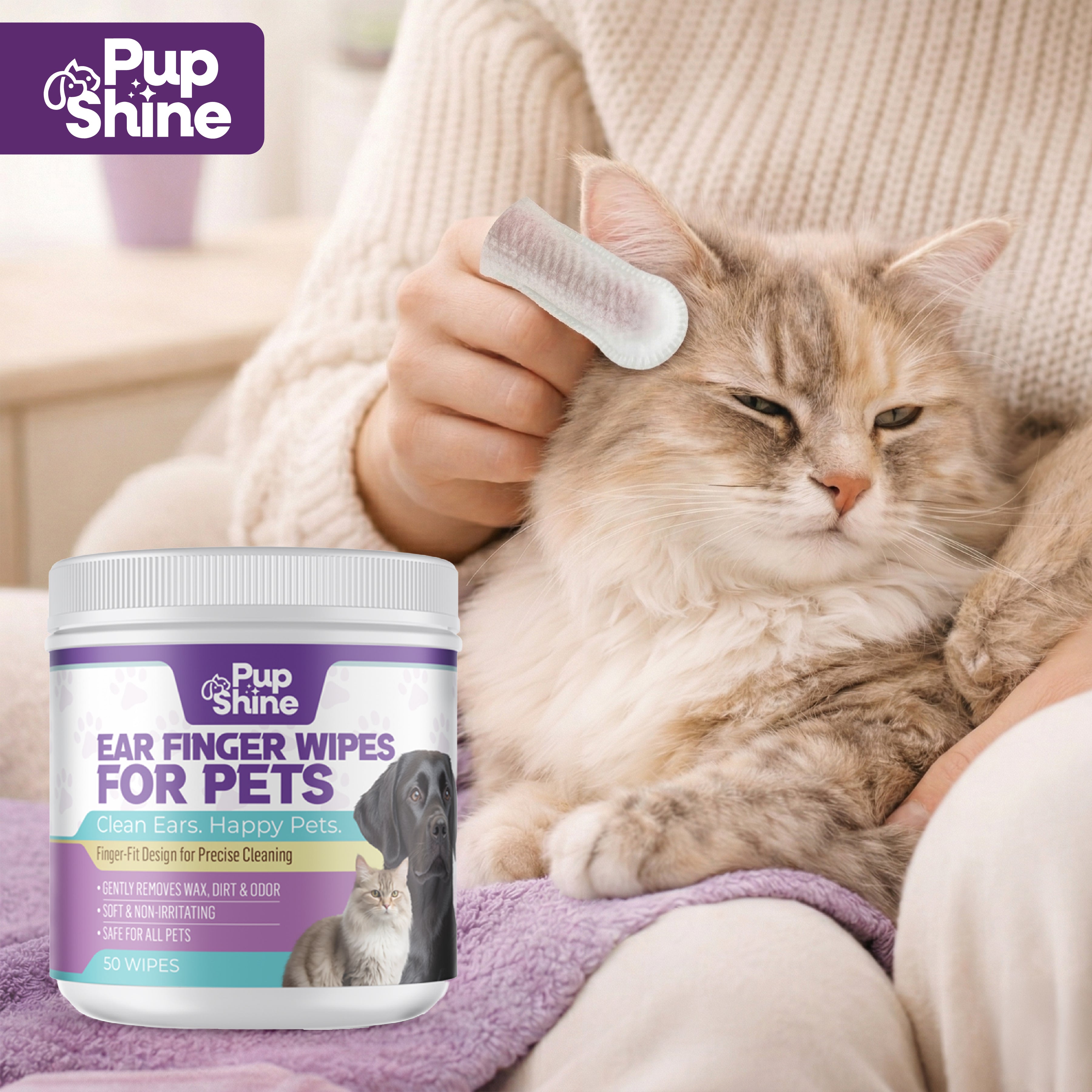 PupShine Ear Finger Wipes for Pets